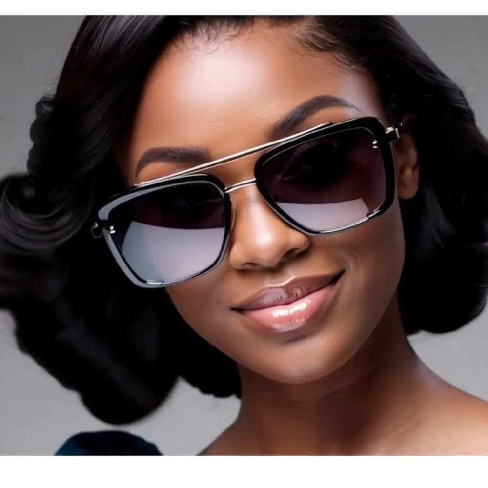 Sunglasses Women Rectangular Frame Gold Accent Black Shades Classic Retro Female